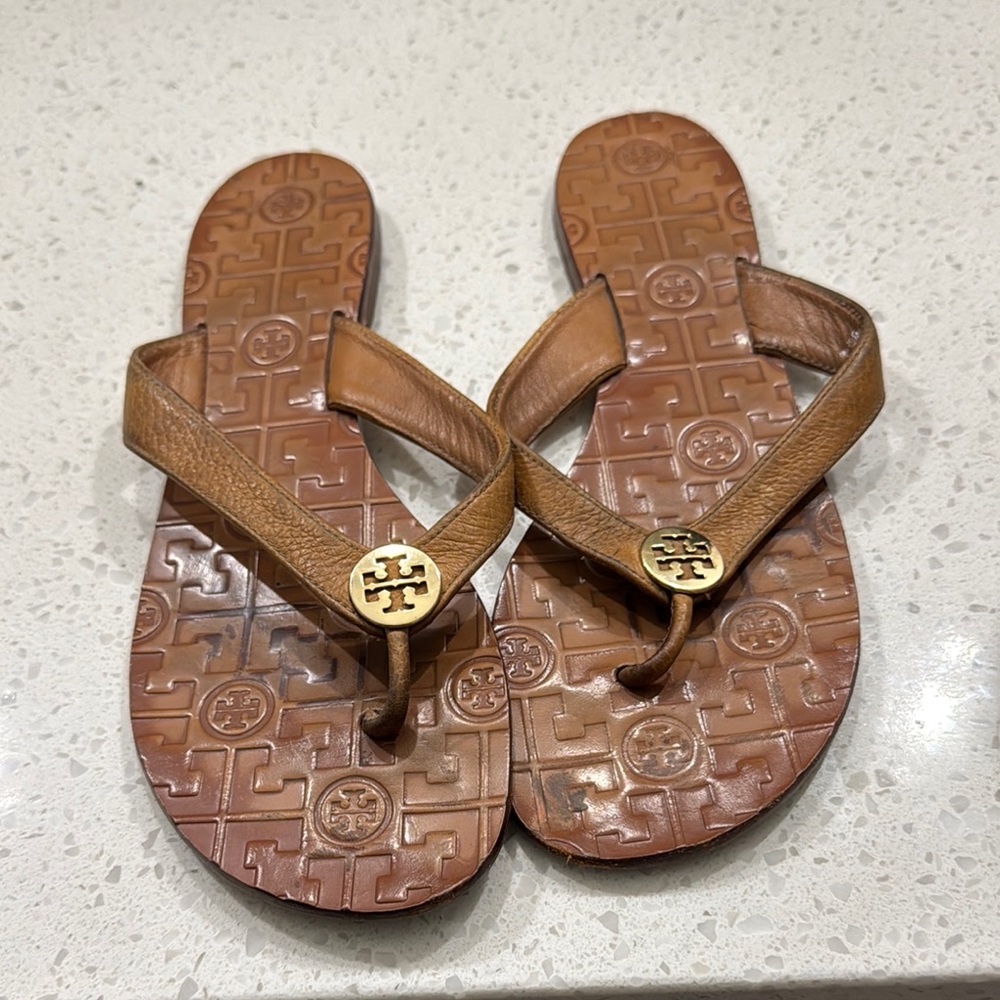 Tory Burch Brown and Gold Sandals with Embossed Leather